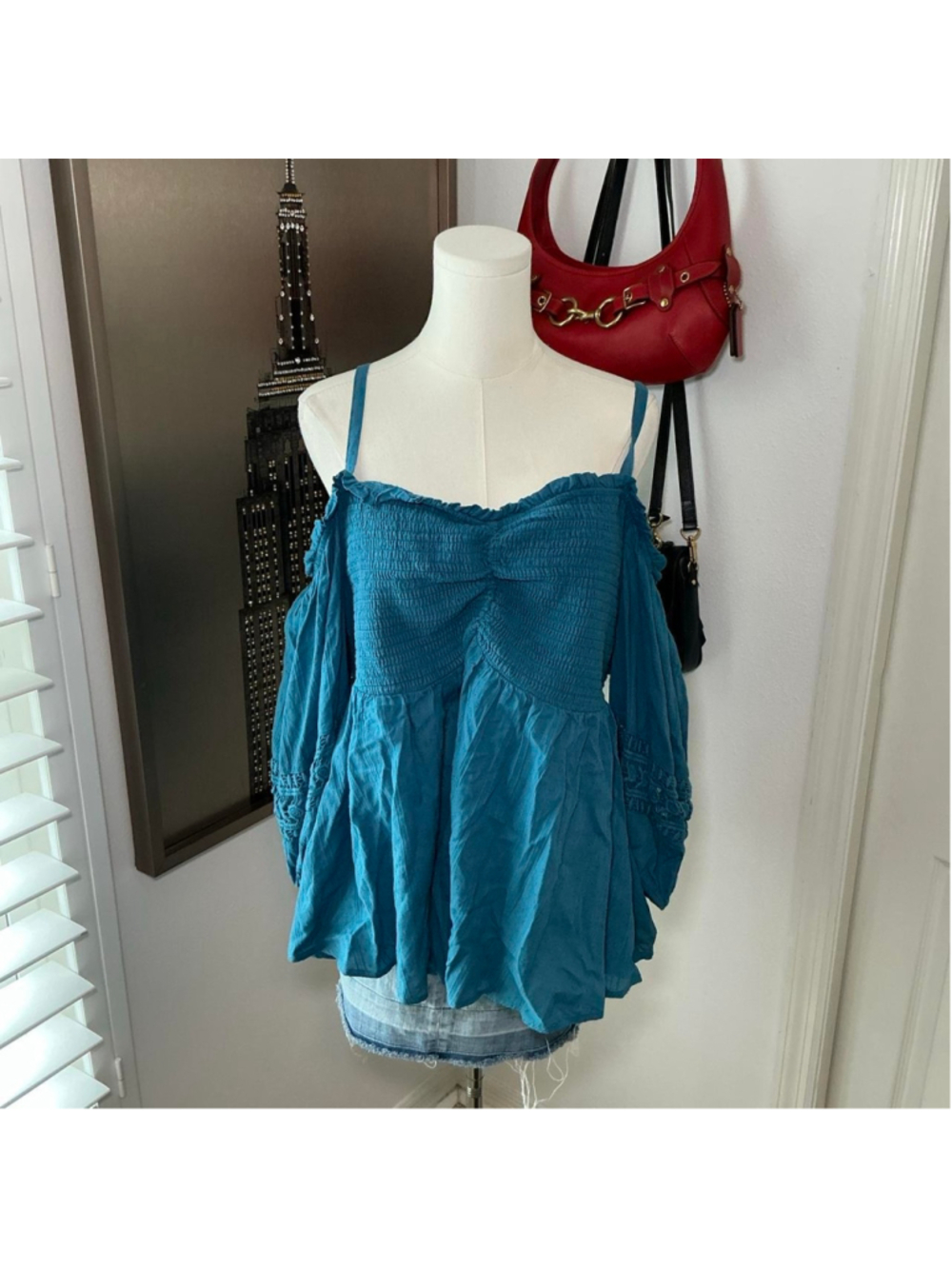 Torrid Teal Blue Smocked Cold Shoulder Boho Blouse Size 2
